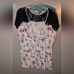 torrid White Pink Floral Lace-Shoulder Wrap Top